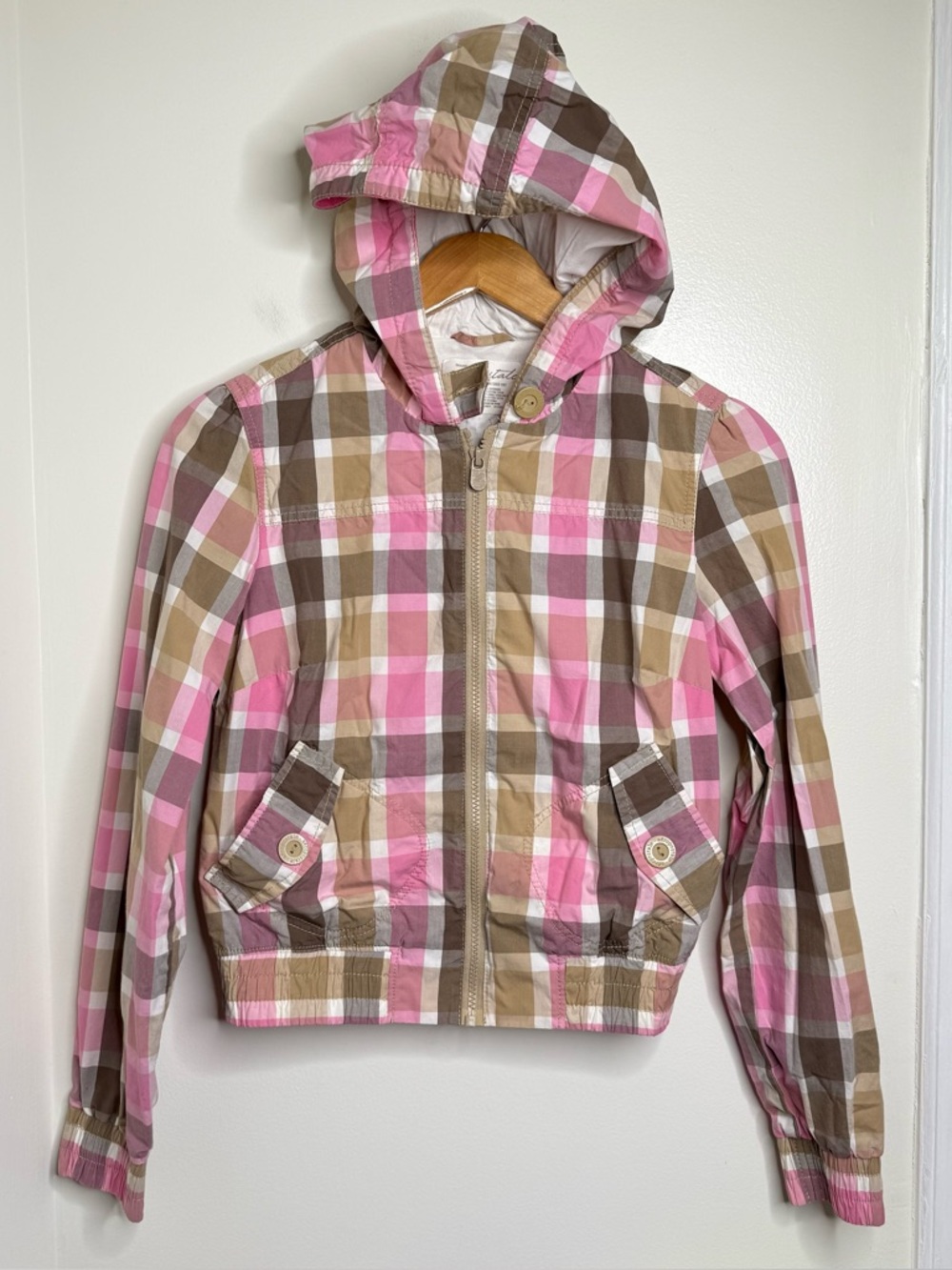 Aeropostale Y2K Plaid Short Jacket Hood Size Small Juniors Pink Tan